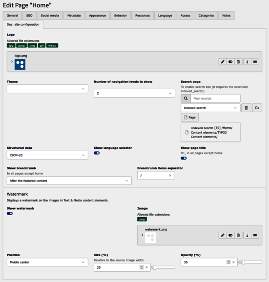 Configuración del sitio web Das